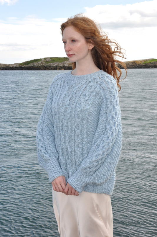 Mary Sea Blue Luxury Hand Knit Crew Neck Sweater