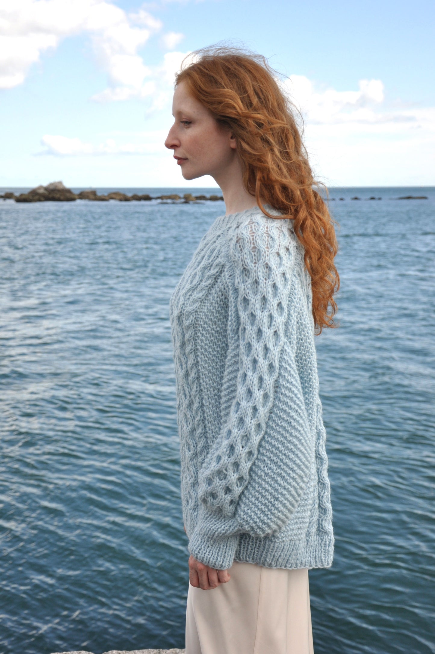 Mary Sea Blue Luxury Hand Knit Crew Neck Sweater
