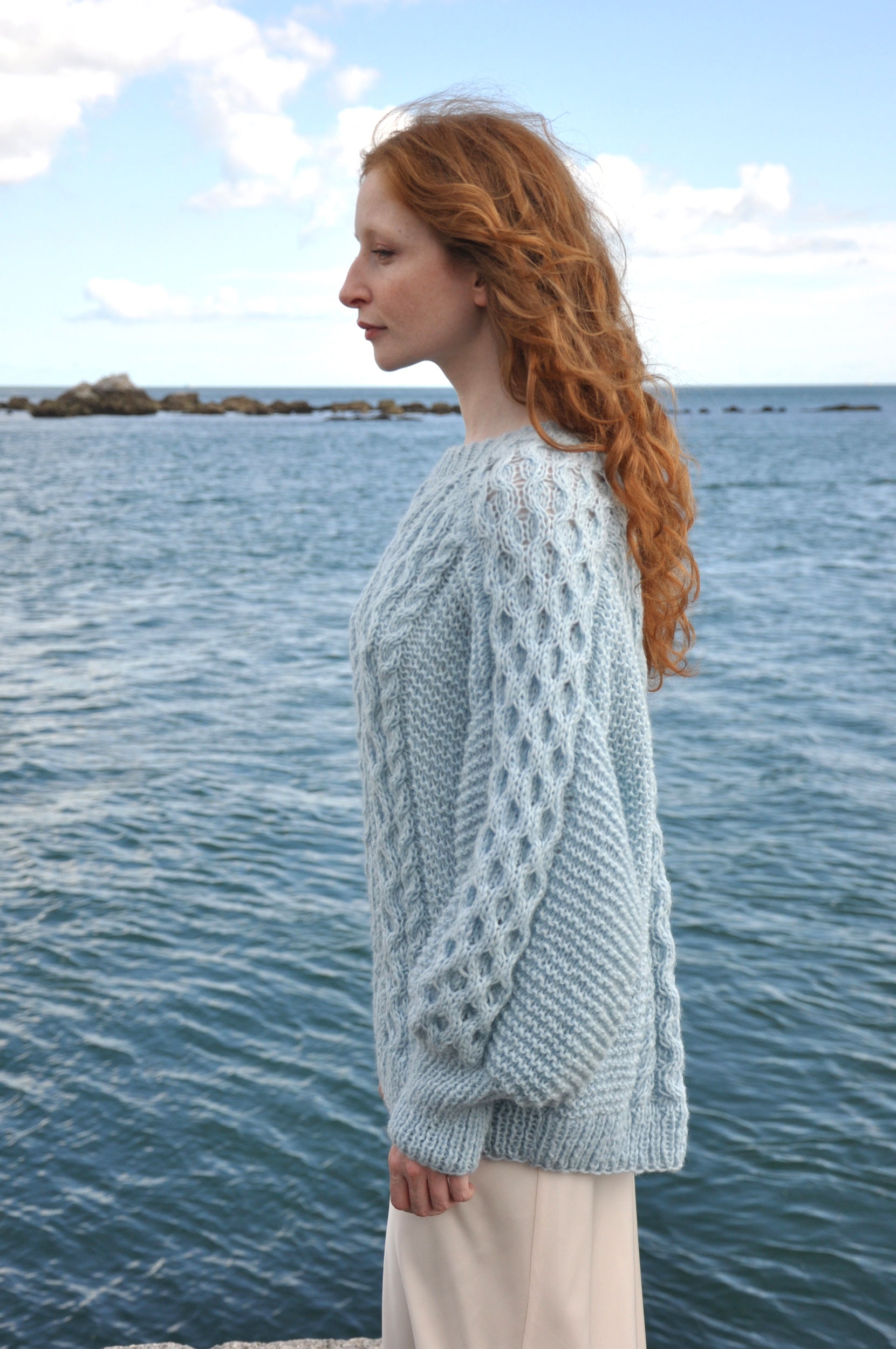 Mary Sea Blue Luxury Hand Knit Crew Neck Sweater