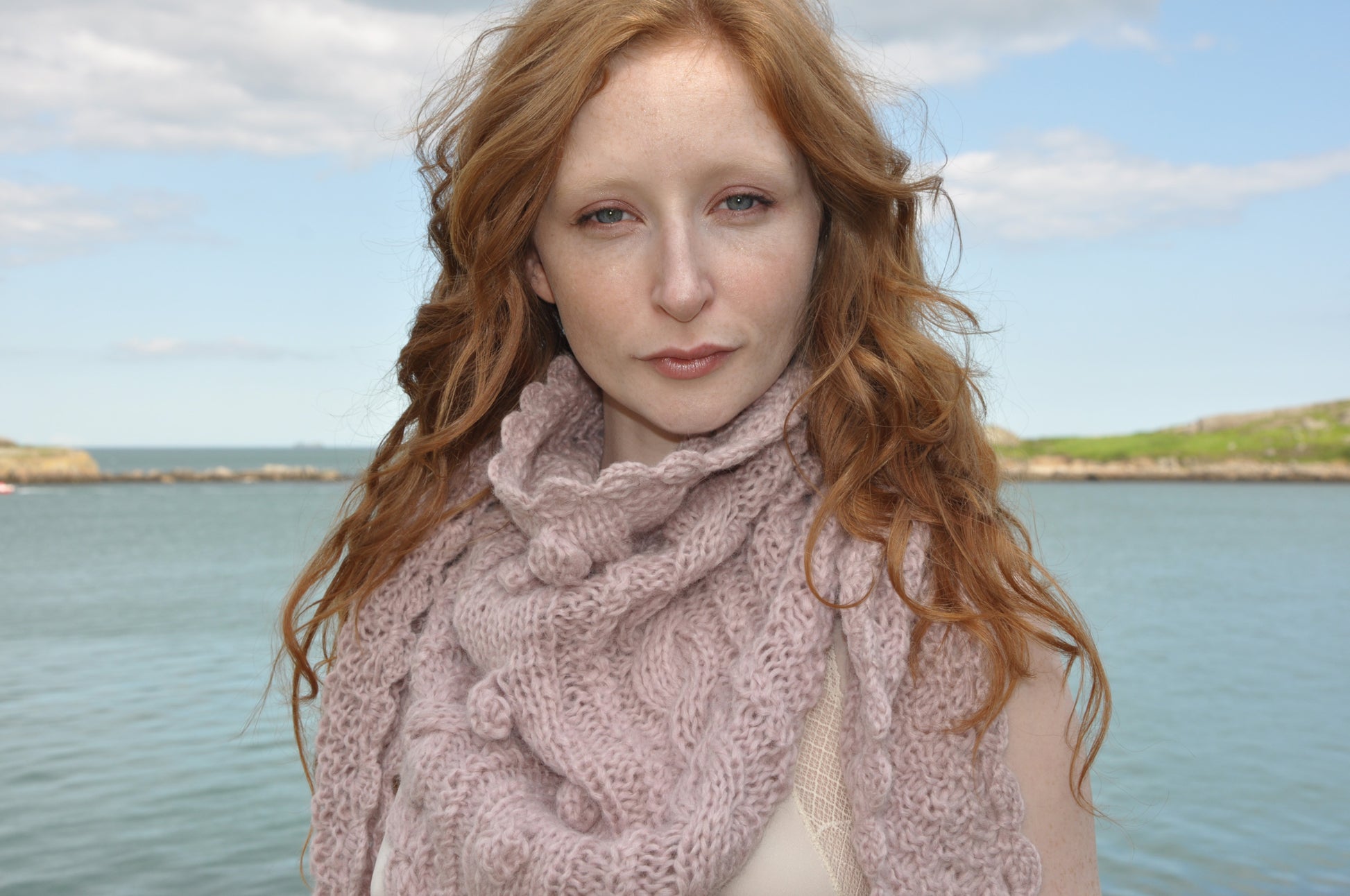 Caitriona Shell Pink Triangle Hand Knit Scarf from BAWN