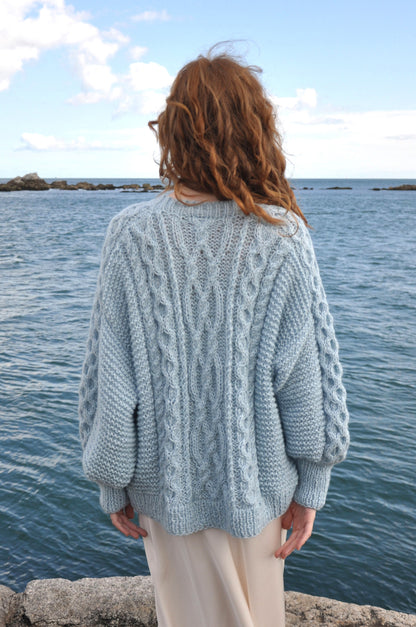 Mary Sea Blue Luxury Hand Knit Crew Neck Sweater