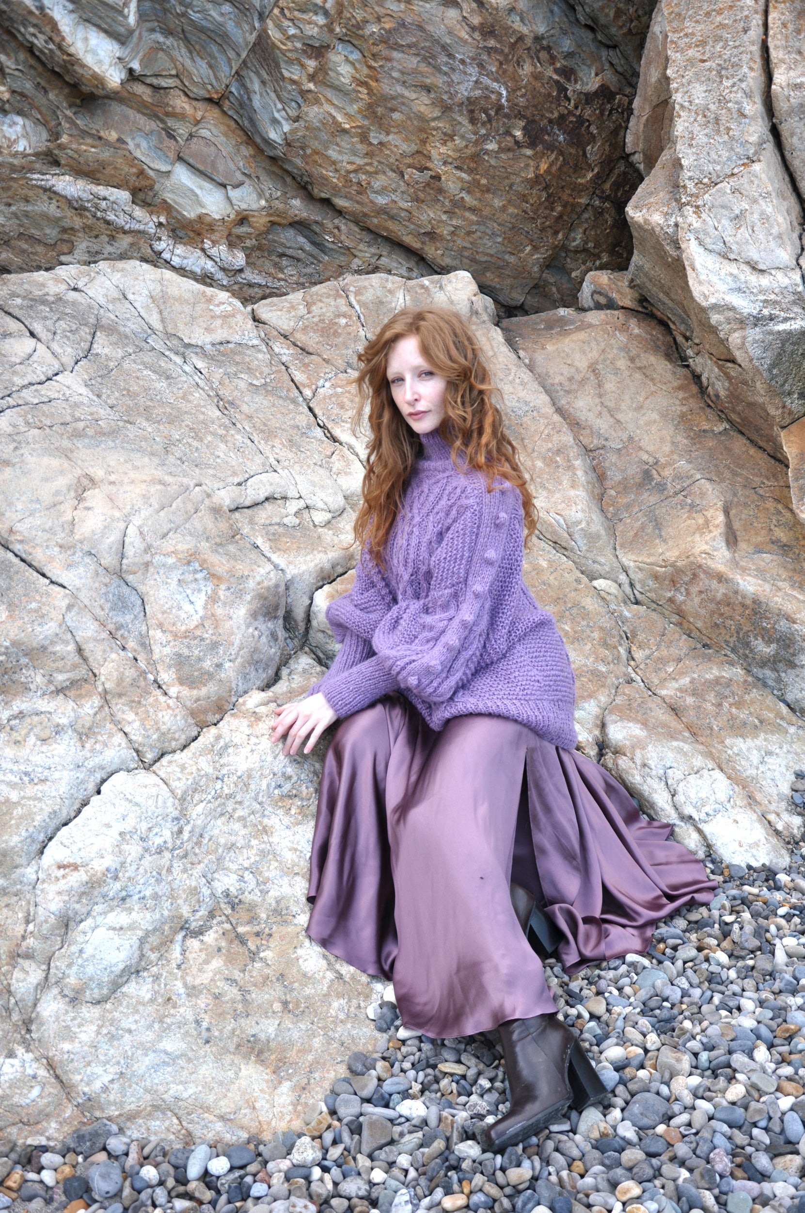 Naturally luxurious hand knit heather purple sweater honouring Irish heritage from BAWN 